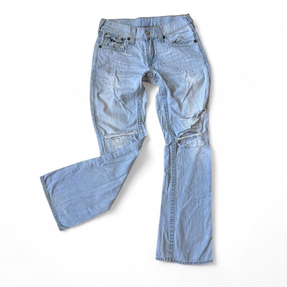 True Religion Vintage Y2K Distressed Low Rise Baggy Wide Leg Jeans Light Wash 30